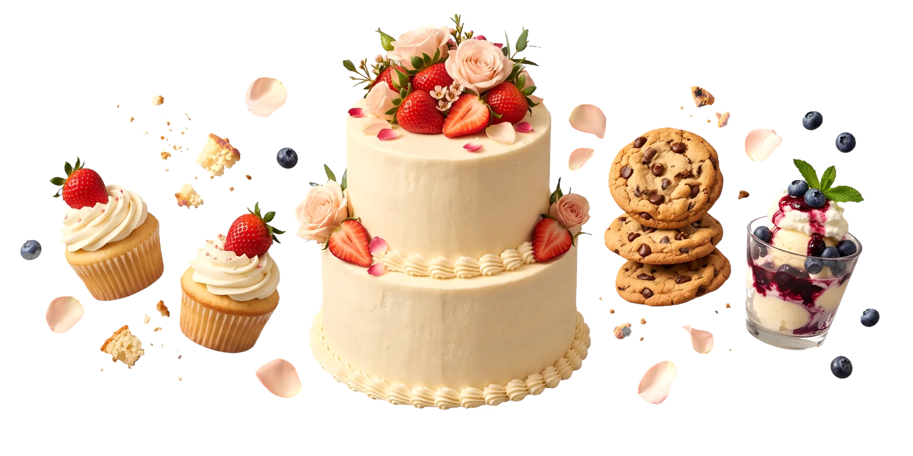 A two-tier cream celebration cake topped with strawberries and blush roses, between strawberry cupcakes, chocolate chip cookies and a blueberry sundae