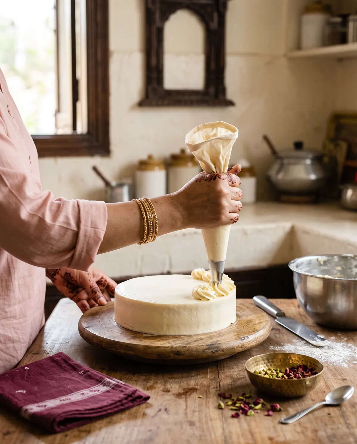 Piping cream rosettes onto a cake in our home kitchen